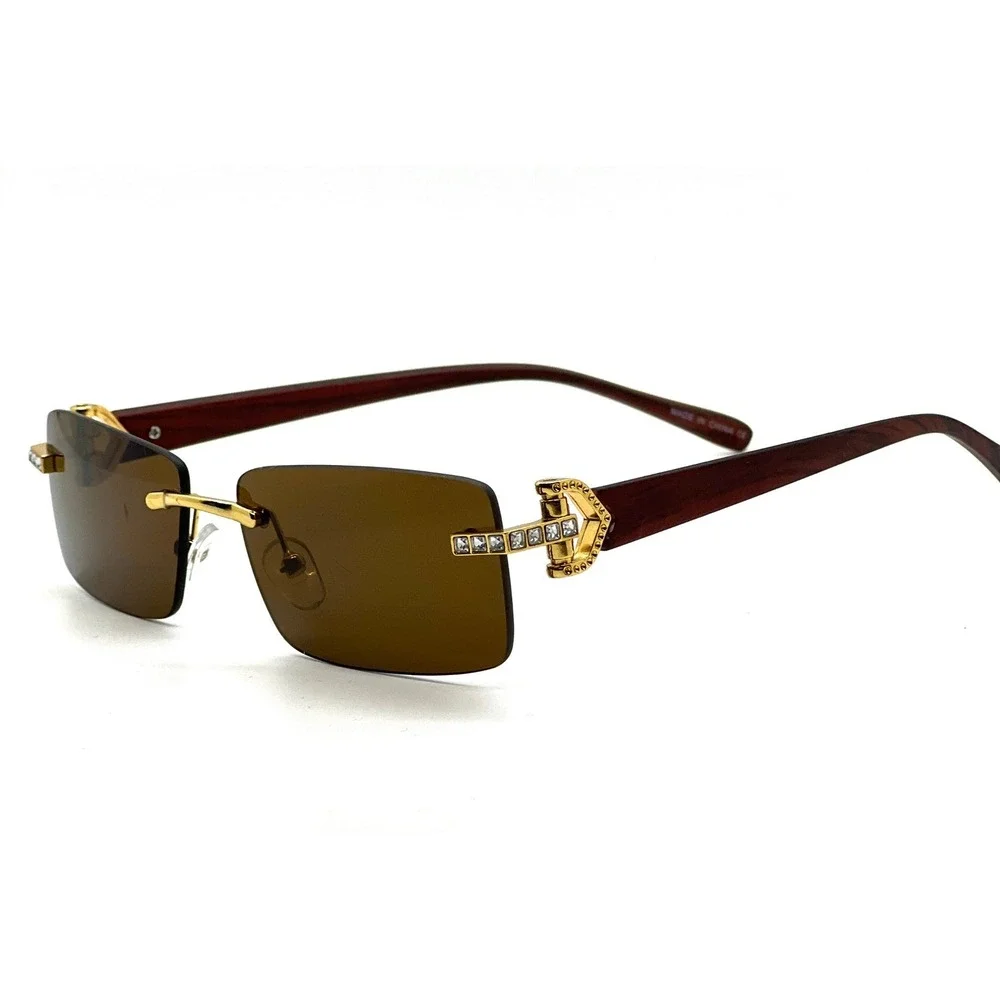 Rimless Sunglasses Gold Accents Rhinestones Wood Grain Arms Men Small Brown Lens